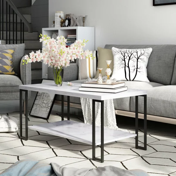 Zimtown 2-Tier Rectangular Coffee Table with Black Metal Frame and Hollow Metal Legs for Living Room Accent Furniture Beside Sofa Cocktail Table