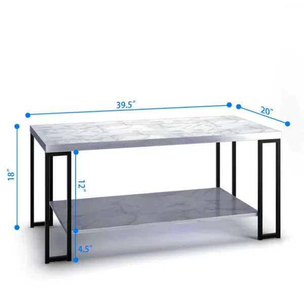 Zimtown 2-Tier Rectangular Coffee Table with Black Metal Frame and Hollow Metal Legs for Living Room Accent Furniture Beside Sofa Cocktail Table