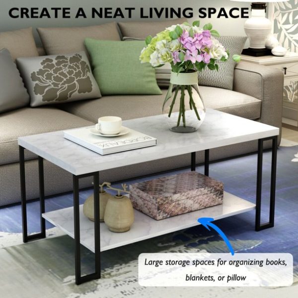 Zimtown 2-Tier Rectangular Coffee Table with Black Metal Frame and Hollow Metal Legs for Living Room Accent Furniture Beside Sofa Cocktail Table