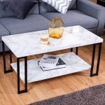 Zimtown 2-Tier Rectangular Coffee Table with Black Metal Frame and Hollow Metal Legs for Living Room Accent Furniture Beside Sofa Cocktail Table