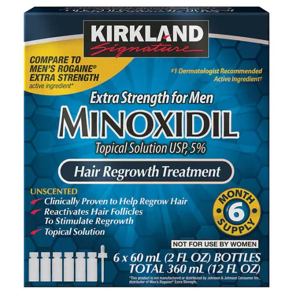 Kirkland Signature Hair Regrowth Treatment Extra Strength for Men, 5% Minoxidil Topical Solution, 2 fl oz, 6-pack