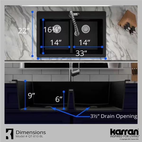 Black Quartz 33 in. 50/50 Double Bowl Composite Drop-in Kitchen Sink