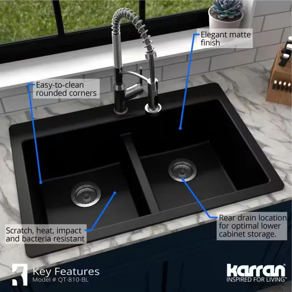 Black Quartz 33 in. 50/50 Double Bowl Composite Drop-in Kitchen Sink