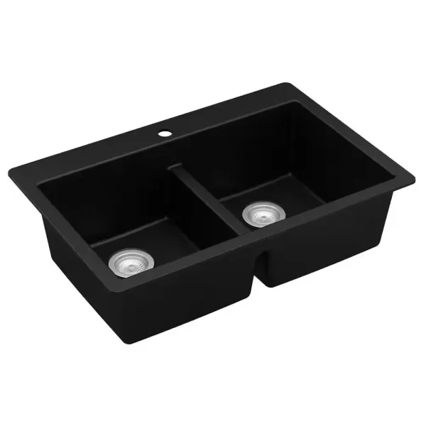Black Quartz 33 in. 50/50 Double Bowl Composite Drop-in Kitchen Sink