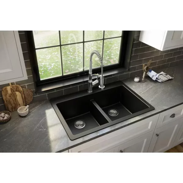 Black Quartz 33 in. 50/50 Double Bowl Composite Drop-in Kitchen Sink
