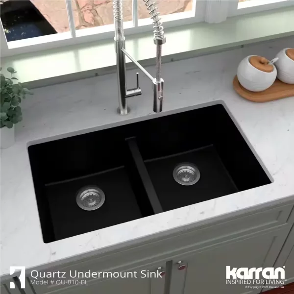 Quartz Black 32 in. 50/50 Double Bowl Composite Undermount Kitchen Sink