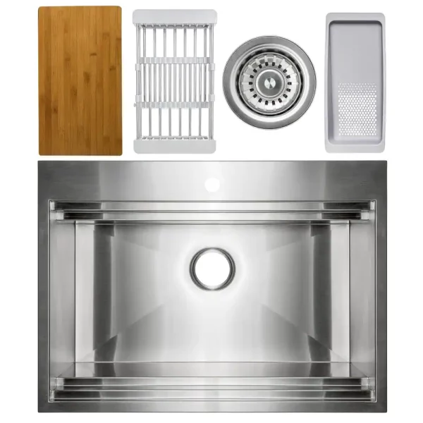 Handcrafted All-in-One Drop-In 33 in. x 22 in. x 9 in. Single Bowl Kitchen Sink in Stainless Steel with Accessories