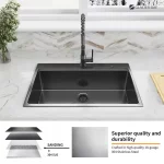 27 in. Gunmetal Black Stainless Steel Single Bowl Drop-in Workstation Kitchen Sink with Black Spring Neck Faucet