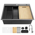 27 in. Gunmetal Black Stainless Steel Single Bowl Drop-in Workstation Kitchen Sink with Black Spring Neck Faucet