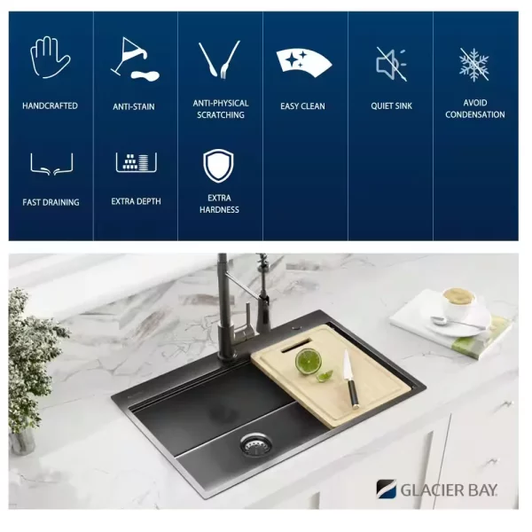 27 in. Gunmetal Black Stainless Steel Single Bowl Drop-in Workstation Kitchen Sink with Black Spring Neck Faucet