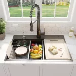 27 in. Gunmetal Black Stainless Steel Single Bowl Drop-in Workstation Kitchen Sink with Black Spring Neck Faucet