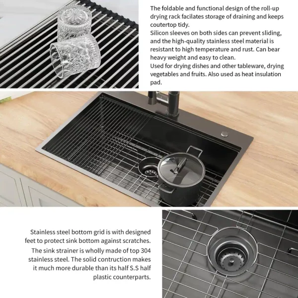 27 in. Gunmetal Black Stainless Steel Single Bowl Drop-in Workstation Kitchen Sink with Black Spring Neck Faucet