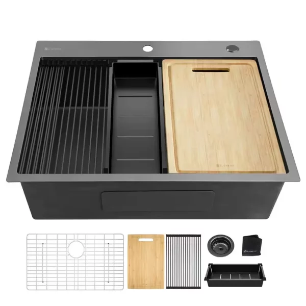 Gunmetal Black Stainless Steel 27 in. 18 Gauge Single Bowl Dual Mount Workstation Kitchen Sink