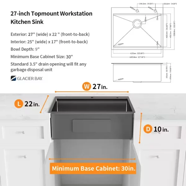 Gunmetal Black Stainless Steel 27 in. 18 Gauge Single Bowl Dual Mount Workstation Kitchen Sink