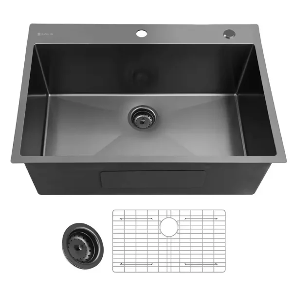 30 in. Gunmetal Black Stainless Steel Drop-in Single Bowl Kitchen Sink with Accessories