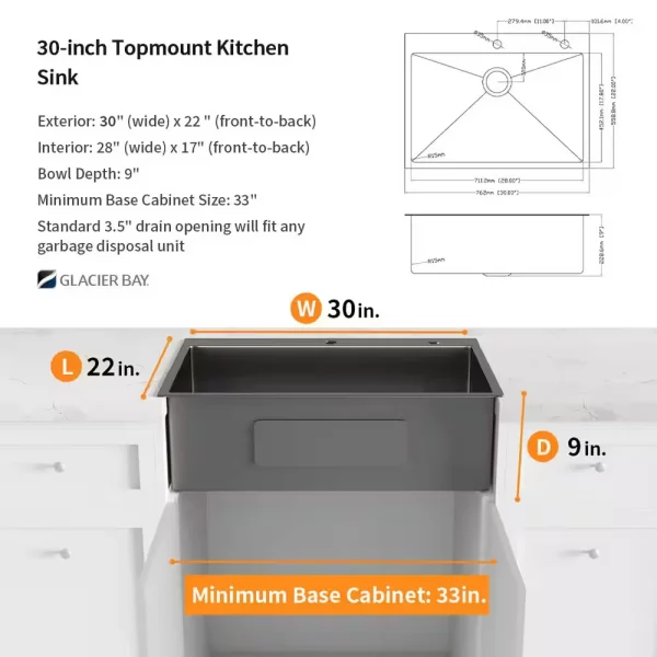 30 in. Gunmetal Black Stainless Steel Drop-in Single Bowl Kitchen Sink with Accessories