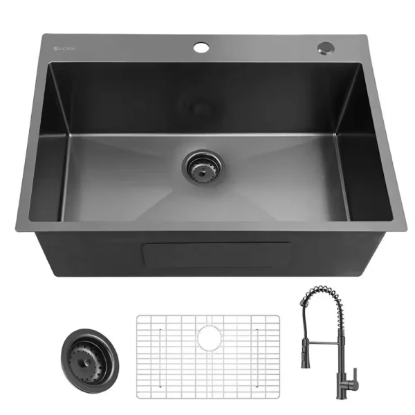 Gunmetal Black Stainless Steel 33 in. 18 Gauge Single Bowl Dual Mount Kitchen Sink with Black Spring Neck Faucet