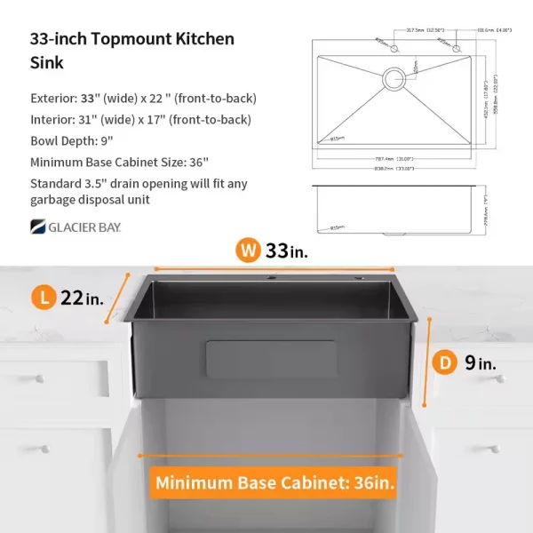 Gunmetal Black Stainless Steel 33 in. 18 Gauge Single Bowl Dual Mount Kitchen Sink with Black Spring Neck Faucet