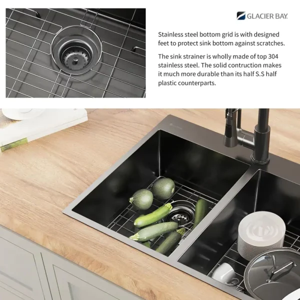 33 in. Drop-in Mount Double Bowl 18 Gauge Gunmetal Black Stainless Steel Kitchen Sink with Black Spring Neck Faucet