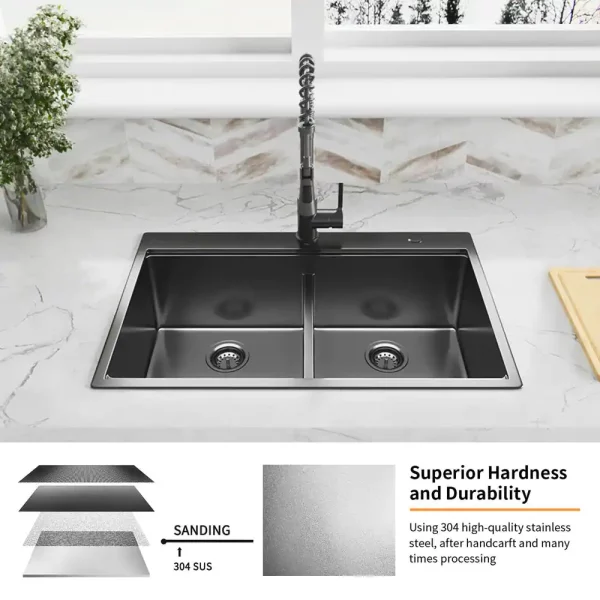 Gunmetal Black Stainless Steel 33 in. 18 Gauge Double Bowl Drop-in Workstation Kitchen Sink