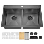 Gunmetal Black Stainless Steel 33 in. 18 Gauge Double Bowl Drop-in Workstation Kitchen Sink