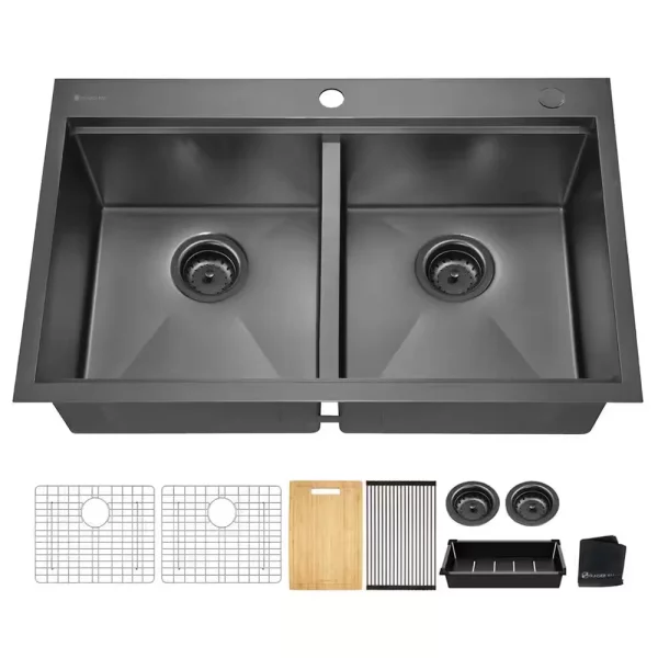 Gunmetal Black Stainless Steel 33 in. 18 Gauge Double Bowl Drop-in Workstation Kitchen Sink