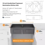Gunmetal Black Stainless Steel 33 in. 18 Gauge Double Bowl Drop-in Workstation Kitchen Sink