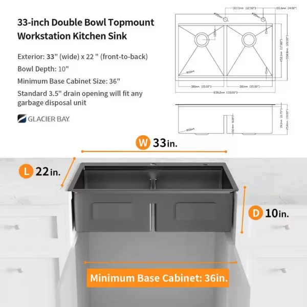 Gunmetal Black Stainless Steel 33 in. 18 Gauge Double Bowl Drop-in Workstation Kitchen Sink