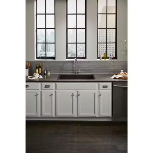 Kennon Dual Mount Neoroc Granite Composite 33 in. 1-Hole Single Bowl Kitchen Sink in Matte Black with Basin Rack