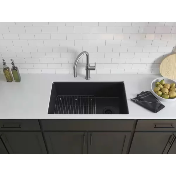 Kennon Dual Mount Neoroc Granite Composite 33 in. 1-Hole Single Bowl Kitchen Sink in Matte Black with Basin Rack