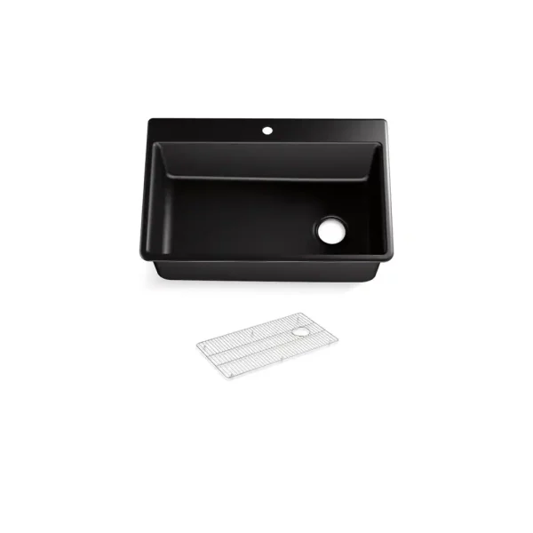 Kennon Dual Mount Neoroc Granite Composite 33 in. 1-Hole Single Bowl Kitchen Sink in Matte Black with Basin Rack