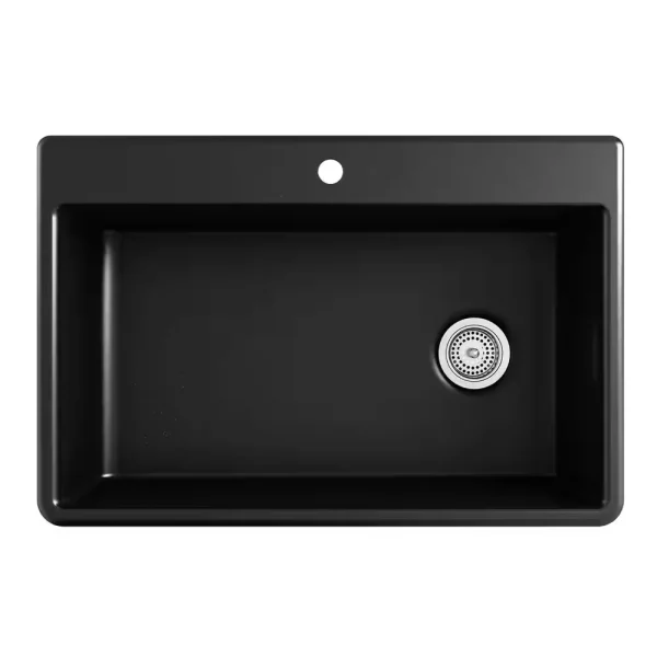 Kennon Dual Mount Neoroc Granite Composite 33 in. 1-Hole Single Bowl Kitchen Sink in Matte Black with Basin Rack