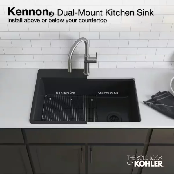 Kennon Dual Mount Neoroc Granite Composite 33 in. 1-Hole Single Bowl Kitchen Sink in Matte Black with Basin Rack