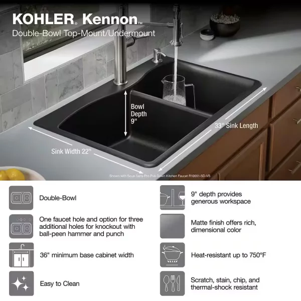 Kennon 33 in. Drop-in 60/40 Double Bowl Neoroc Granite Composite 1-Hole Kitchen Sink in Matte Black