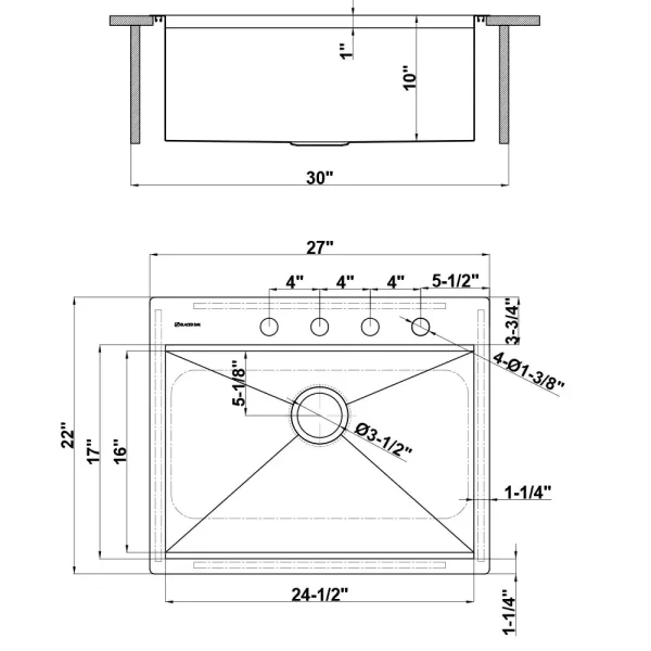 Zero Radius Drop-in 18G Stainless Steel 27 in. 4-Hole Single Bowl Workstation Kitchen Sink with Accessories
