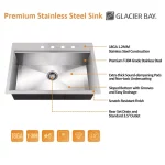 Zero Radius Drop-in 18G Stainless Steel 27 in. 4-Hole Single Bowl Workstation Kitchen Sink with Accessories