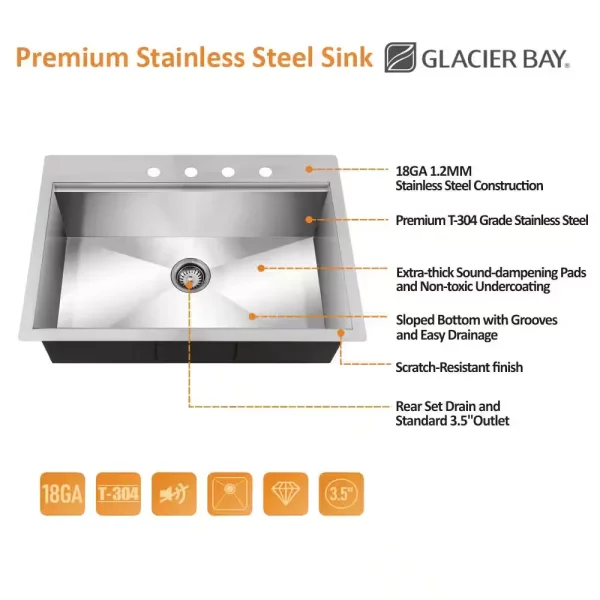 Zero Radius Drop-in 18G Stainless Steel 27 in. 4-Hole Single Bowl Workstation Kitchen Sink with Accessories
