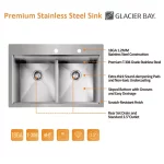 Zero Radius Drop-in 18G Stainless Steel 33 in. 2-Hole 50/50 Double Bowl Workstation Kitchen Sink with Spring Neck Faucet