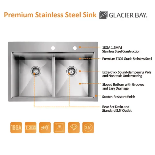 Zero Radius Drop-in 18G Stainless Steel 33 in. 2-Hole 50/50 Double Bowl Workstation Kitchen Sink with Spring Neck Faucet