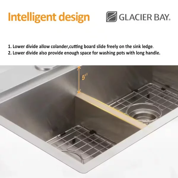 Zero Radius Drop-in 18G Stainless Steel 33 in. 2-Hole 50/50 Double Bowl Workstation Kitchen Sink with Spring Neck Faucet