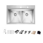 Zero Radius Drop-in 18G Stainless Steel 33 in. 2-Hole 50/50 Double Bowl Workstation Kitchen Sink with Spring Neck Faucet