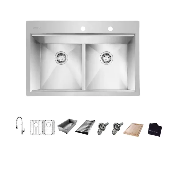 Zero Radius Drop-in 18G Stainless Steel 33 in. 2-Hole 50/50 Double Bowl Workstation Kitchen Sink with Spring Neck Faucet