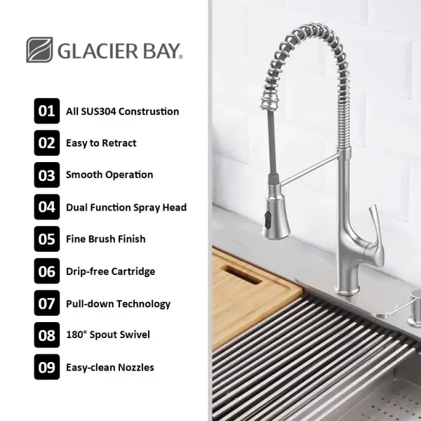 Zero Radius Drop-in 18G Stainless Steel 33 in. 2-Hole 50/50 Double Bowl Workstation Kitchen Sink with Spring Neck Faucet