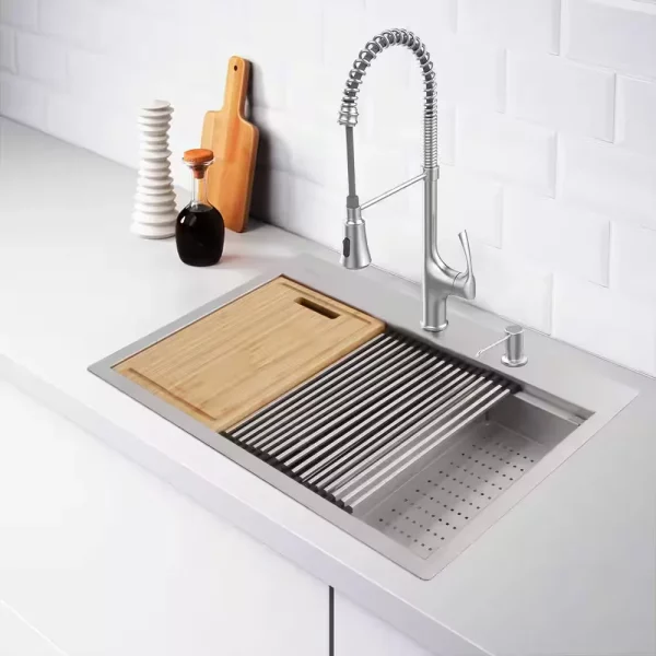 Zero Radius Drop-in 18G Stainless Steel 33 in. 2-Hole 50/50 Double Bowl Workstation Kitchen Sink with Spring Neck Faucet