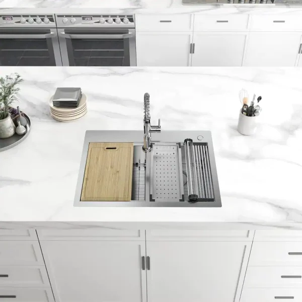 Professional All in One 33 in. Double Bowl Drop-In Workstation Stainless Steel Kitchen Sink with Spring Neck Faucet