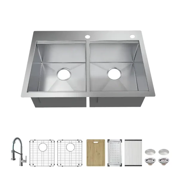 Professional All in One 33 in. Double Bowl Drop-In Workstation Stainless Steel Kitchen Sink with Spring Neck Faucet