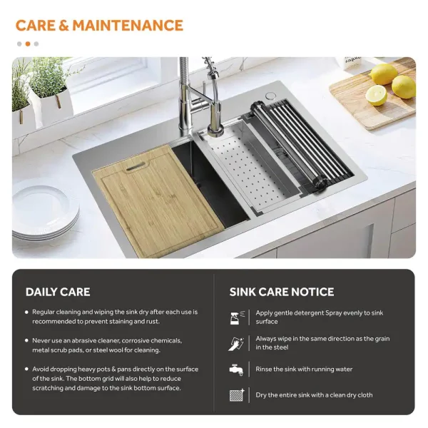 Professional All in One 33 in. Double Bowl Drop-In Workstation Stainless Steel Kitchen Sink with Spring Neck Faucet