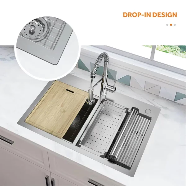 Professional All in One 33 in. Double Bowl Drop-In Workstation Stainless Steel Kitchen Sink with Spring Neck Faucet