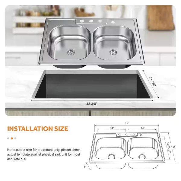 33 in. Drop-in Double Bowl 20 Gauge Stainless Steel Kitchen Sink