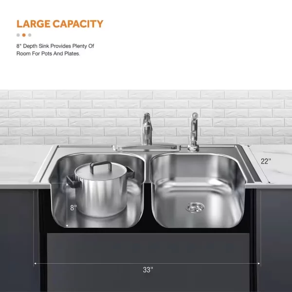 33 in. Drop-in Double Bowl 20 Gauge Stainless Steel Kitchen Sink